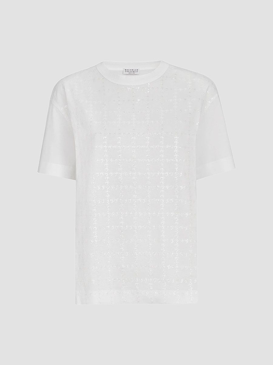 Women's Cotton Jersey T-Shirt with Dazzling Windowpane Embroidery - White - Size XXXL