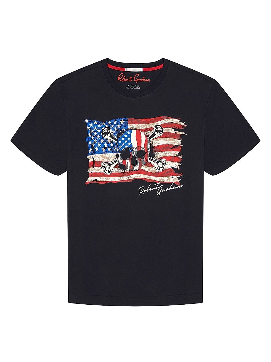 Men's Skull Flag Graphic Cotton T-Shirt - Black - Size Small