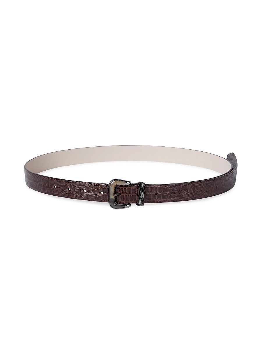 Women's Lizard Effect Calfskin Belt with Shiny Loop - Rust Brown - Size XS