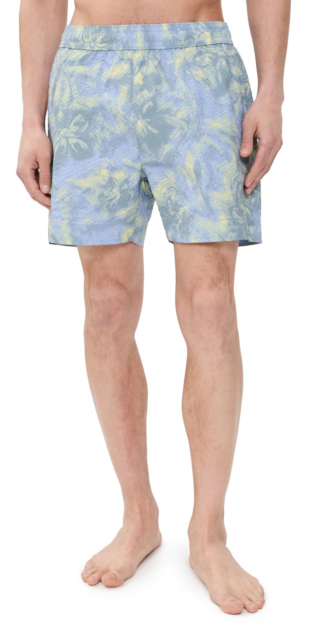 Maison Kitsuné Printed Seersucker Swim Shorts 5 Arctic Ice/Pastel Yellow S
