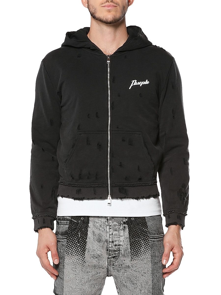 Men's Logo Distressed Cotton Shrunken Hoodie - Black - Size XXL