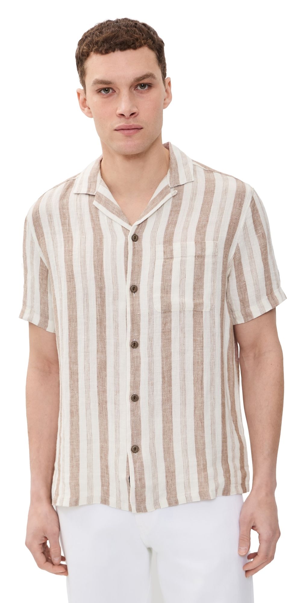 Faherty Short Sleeve Palma Linen Camp Shirt Island Brown Stripe M