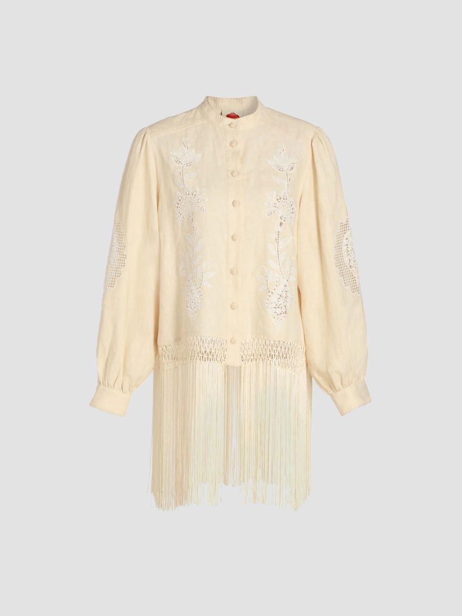 Farm Rio Women's Sand Richelieu Fringes Shirt - Beige - Size XXS