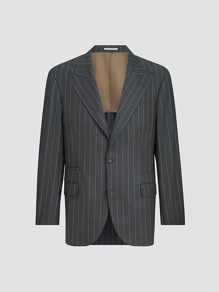 Men's Super 150s Virgin Wool Wide Chalk Stripe Batavia Tailor Blazer - Grey - Size 44