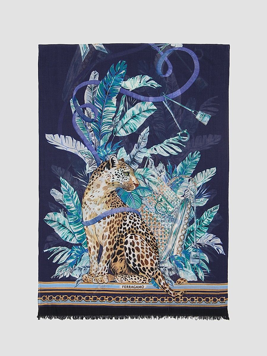 Women's Leopard Print Virgin-Wool Long Scarf - Blue