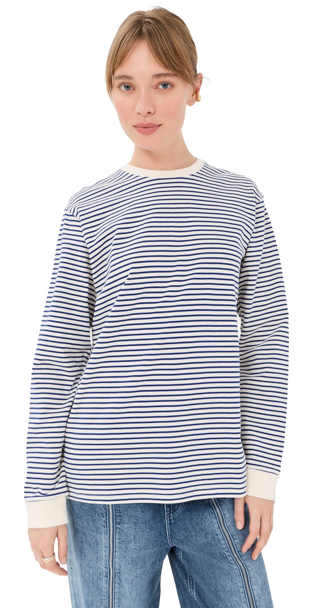 Tibi Striped Perfect Long Sleeve T-Shirt Blue/White Multi L