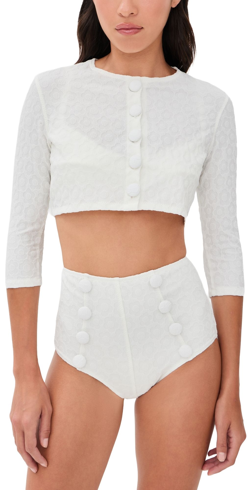 Lisa Marie Fernandez Cropped Cardigan White 60s Floral Jacquard L