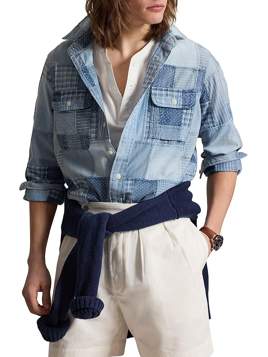 Men's Patchwork Cotton Shirt - Indigo Patchwork - Size XXL