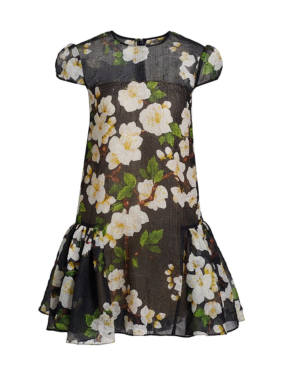 Women's Drop-Waist Cherry Blossom Cloqué Dress - White Navy - Size 10