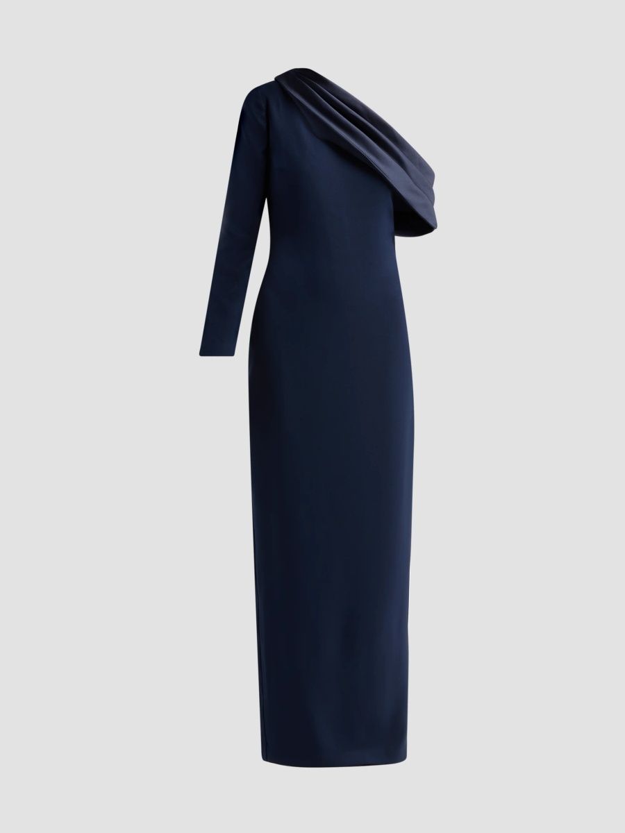 Badgley Mischka Women's Draped One-Shoulder Column Gown - Navy - Size 16