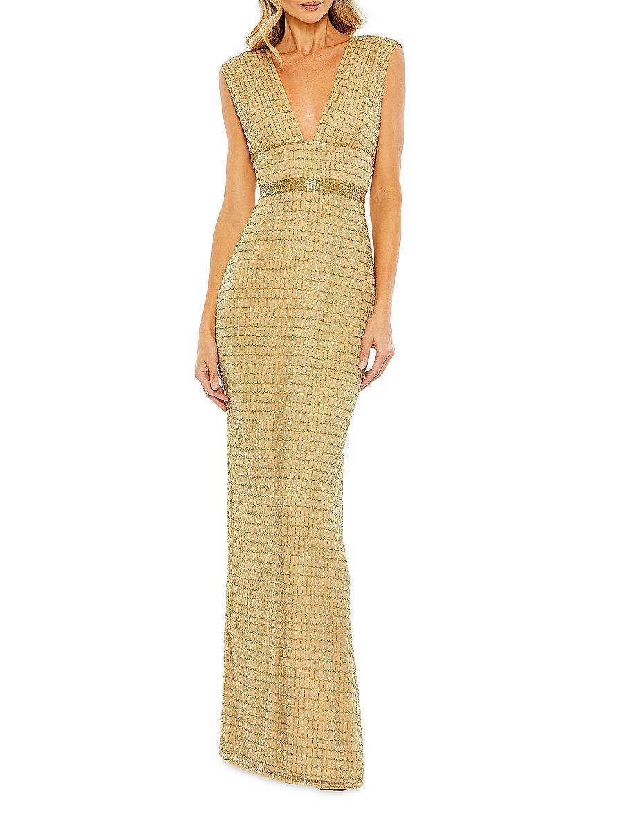 Women's Beaded V-Neck Column Gown - Gold - Size 16