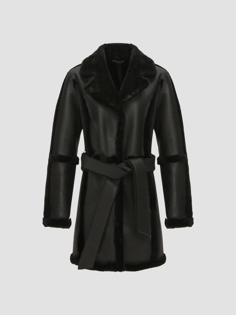 Gorski Women's Merino Shearling Lamb Stroller Coat with Spill Seam, Belt - Black - Size Large