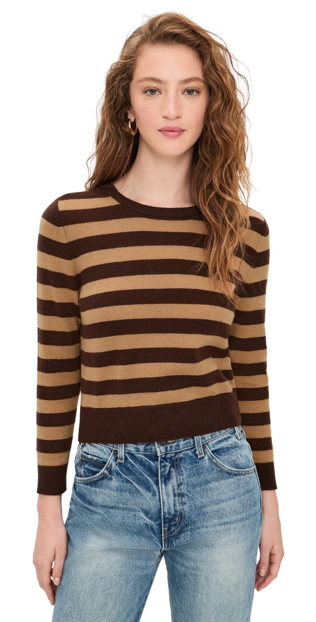 ALICE + OLIVIA Carolann Cashmere Striped Shrunken Crewneck Pullover Dark Chocolate/Praline S