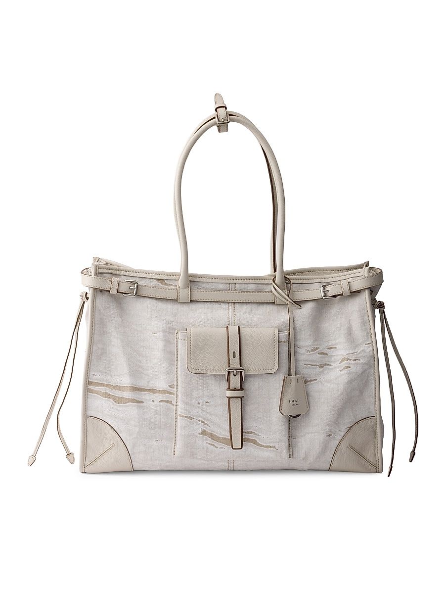 Women's Bonnie Printed Linen and Leather Tote Bag - White