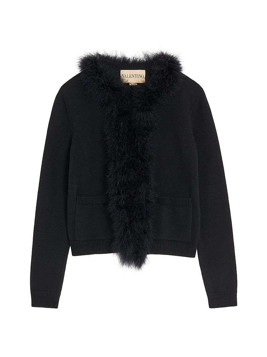 Women's Wool Cardigan with Feathers - Black - Size XS