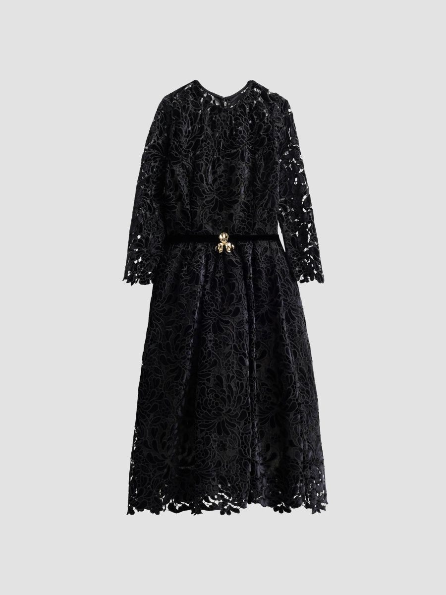 Oscar de la Renta Women's Chrysanthemum Guipure Long-Sleeve Cocktail Dress - Black - Size 0