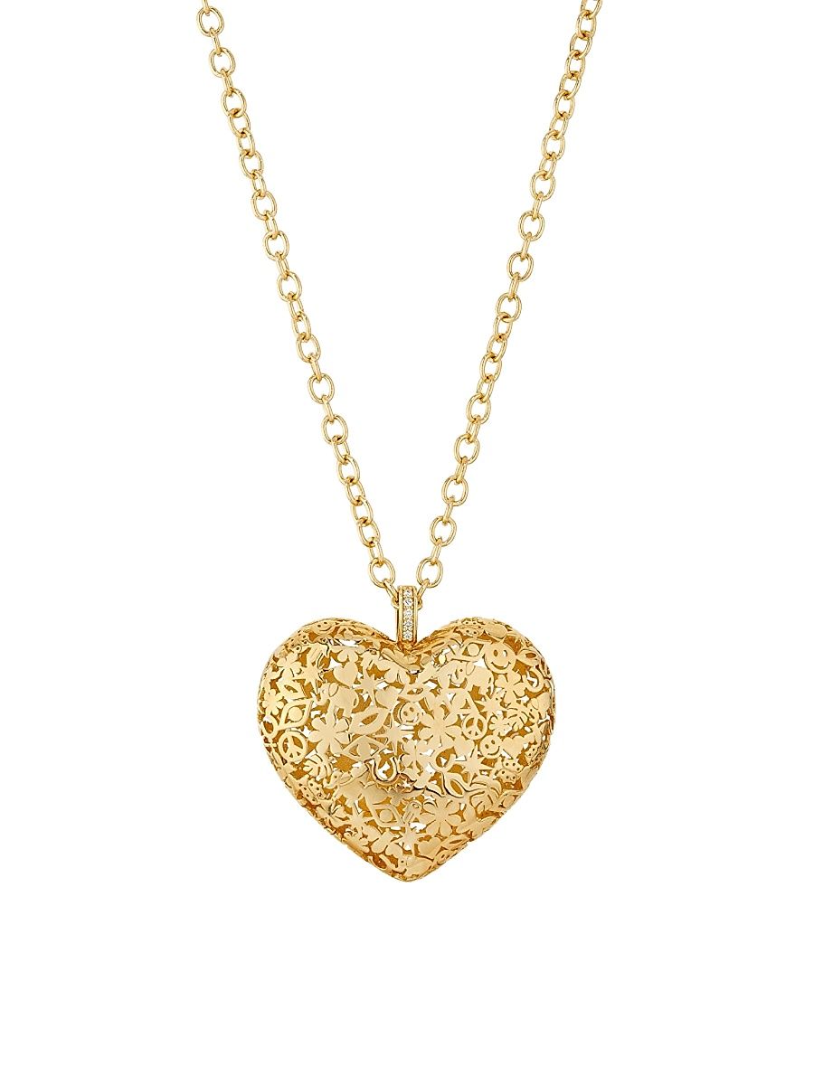 Women's Icon Wallpaper 14K Yellow Gold & 0.03 TCW Diamond Puffy Heart Pendant Necklace - Yellow Gold