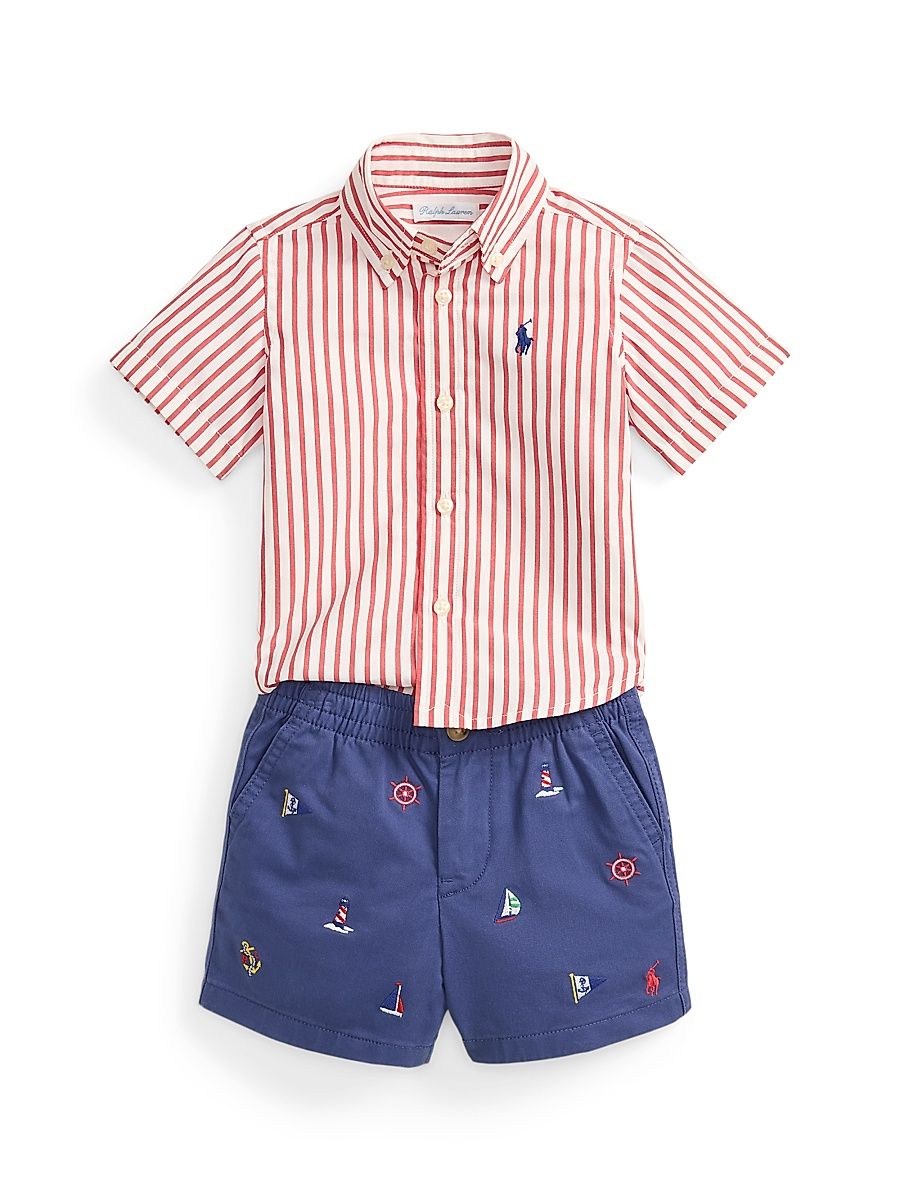 Baby Boy's 2-Piece Short-Sleeve Shirt & Embroidered Shorts Set - Red And White - Size 9 Months