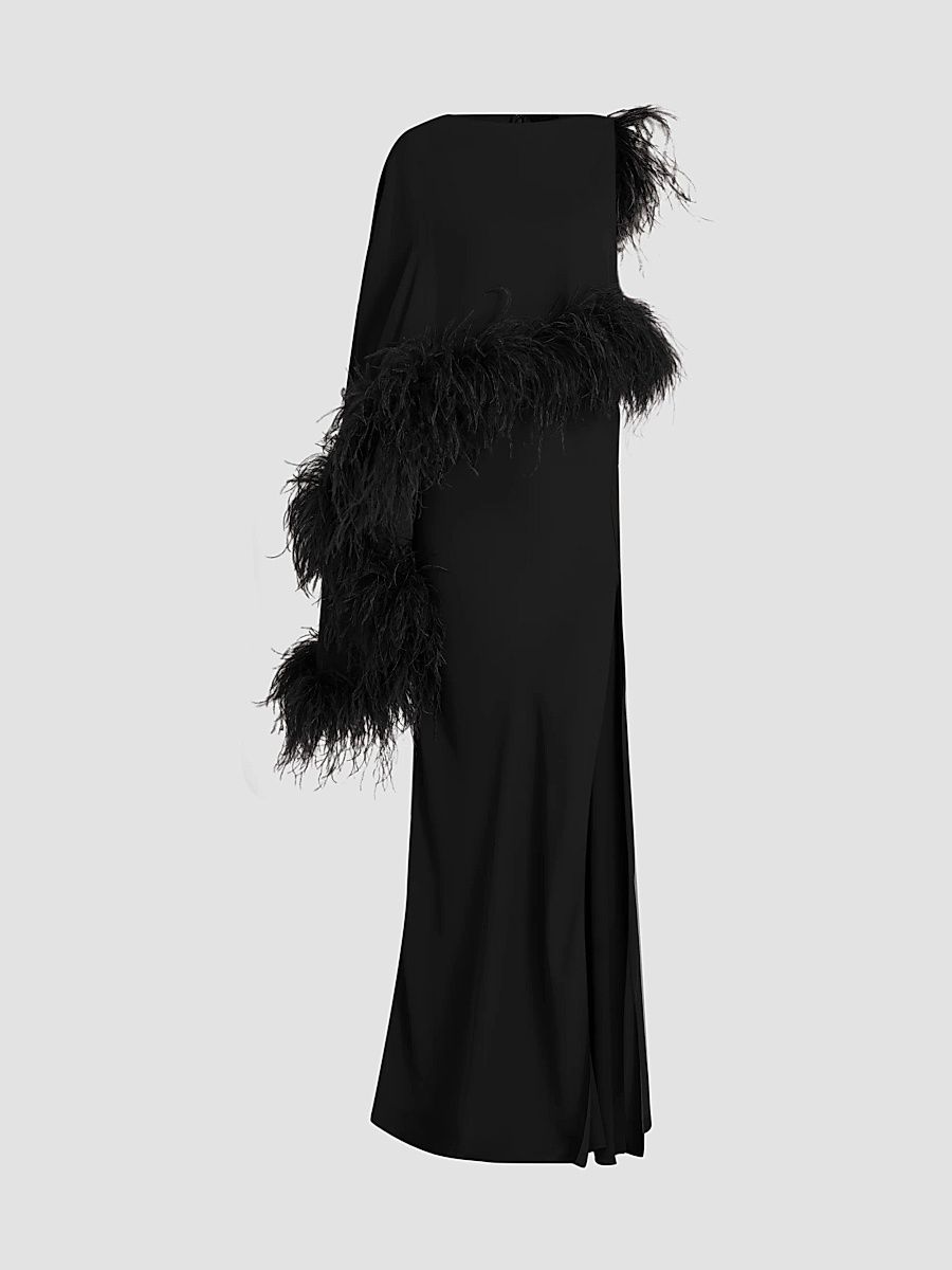 Women's Georgette Feather-Trimmed Asymmetric Draped Gown - Black - Size 8