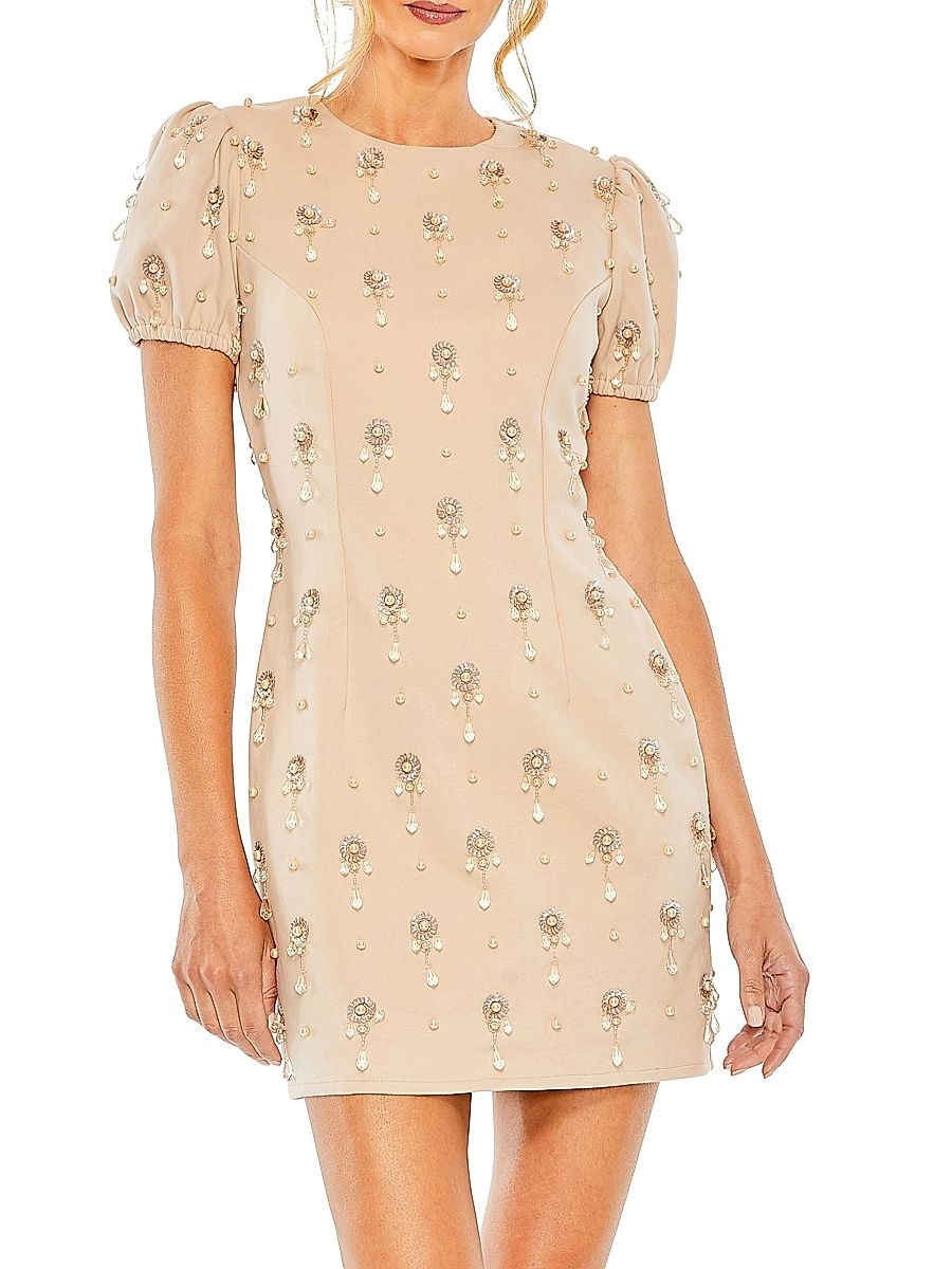 Women's Jewel Embellished Puff-Sleeve Mini-Dress - Porcelain - Size 14