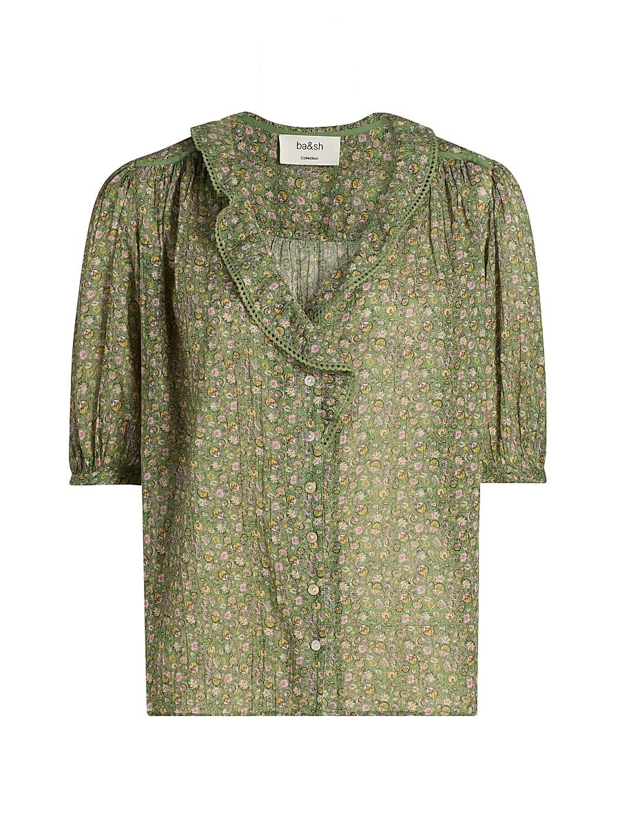 Women's Floral Embroidered-Trim Cotton Top - Vert - Size Large