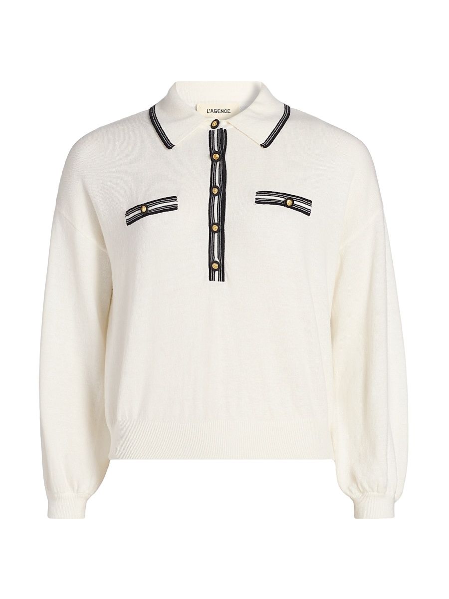 Women's Malaki Stripe Trim Polo Top - Ivory Black - Size Large