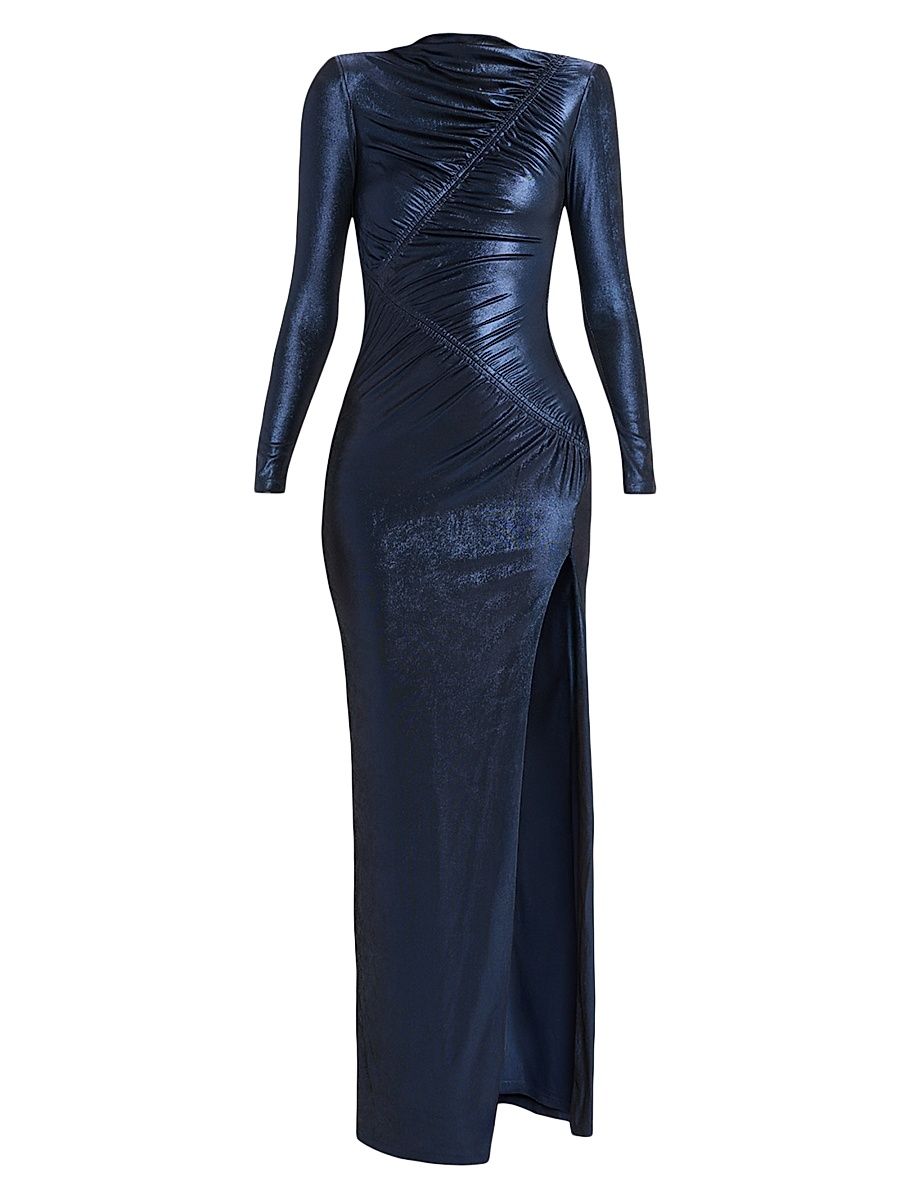 Women's Metallic Jersey Ruched Maxi Dress - Navy - Size 8