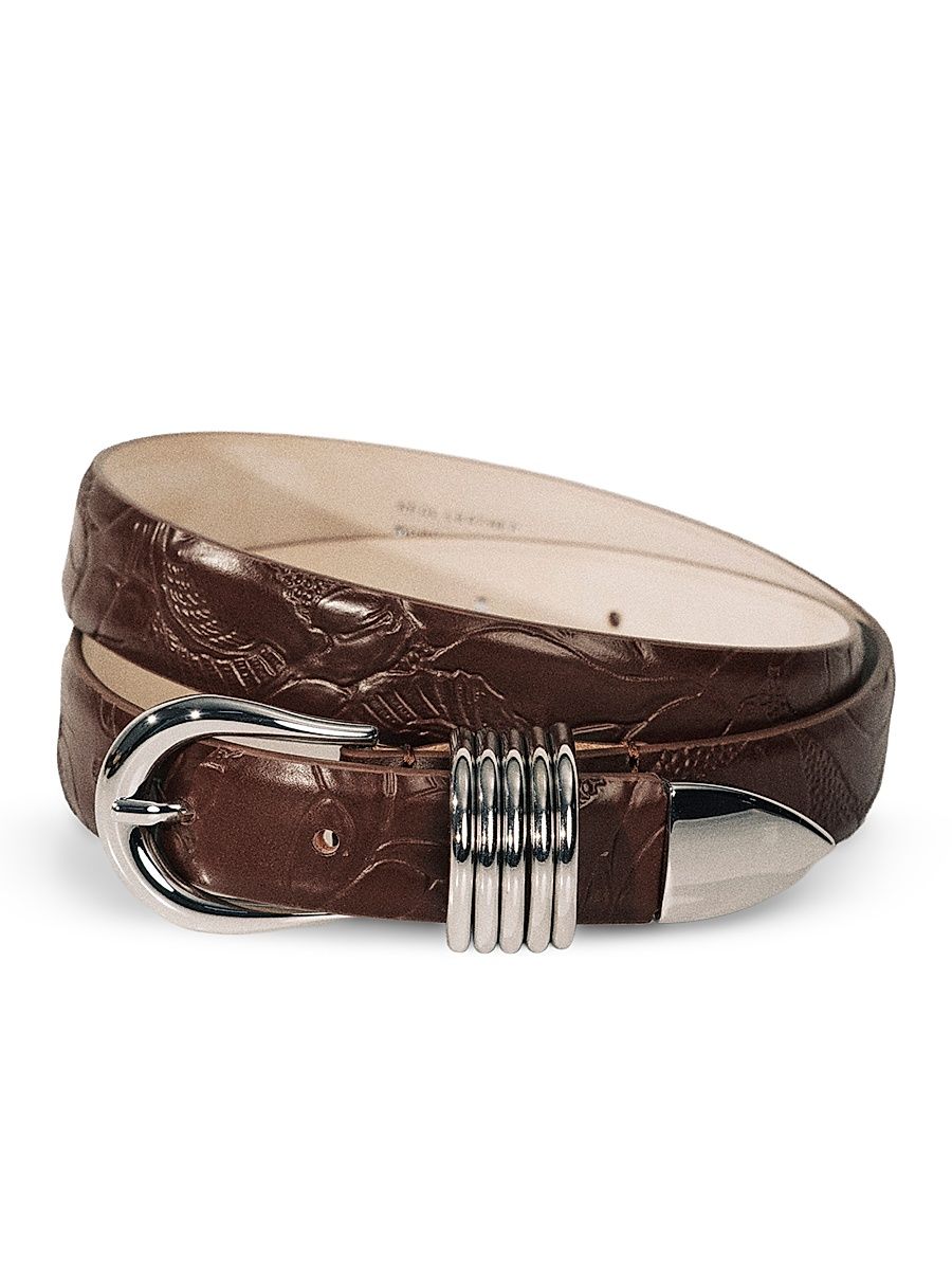 Women's Hollyhock Floral-Embossed Leather Belt - Mahogany Silver - Size XS