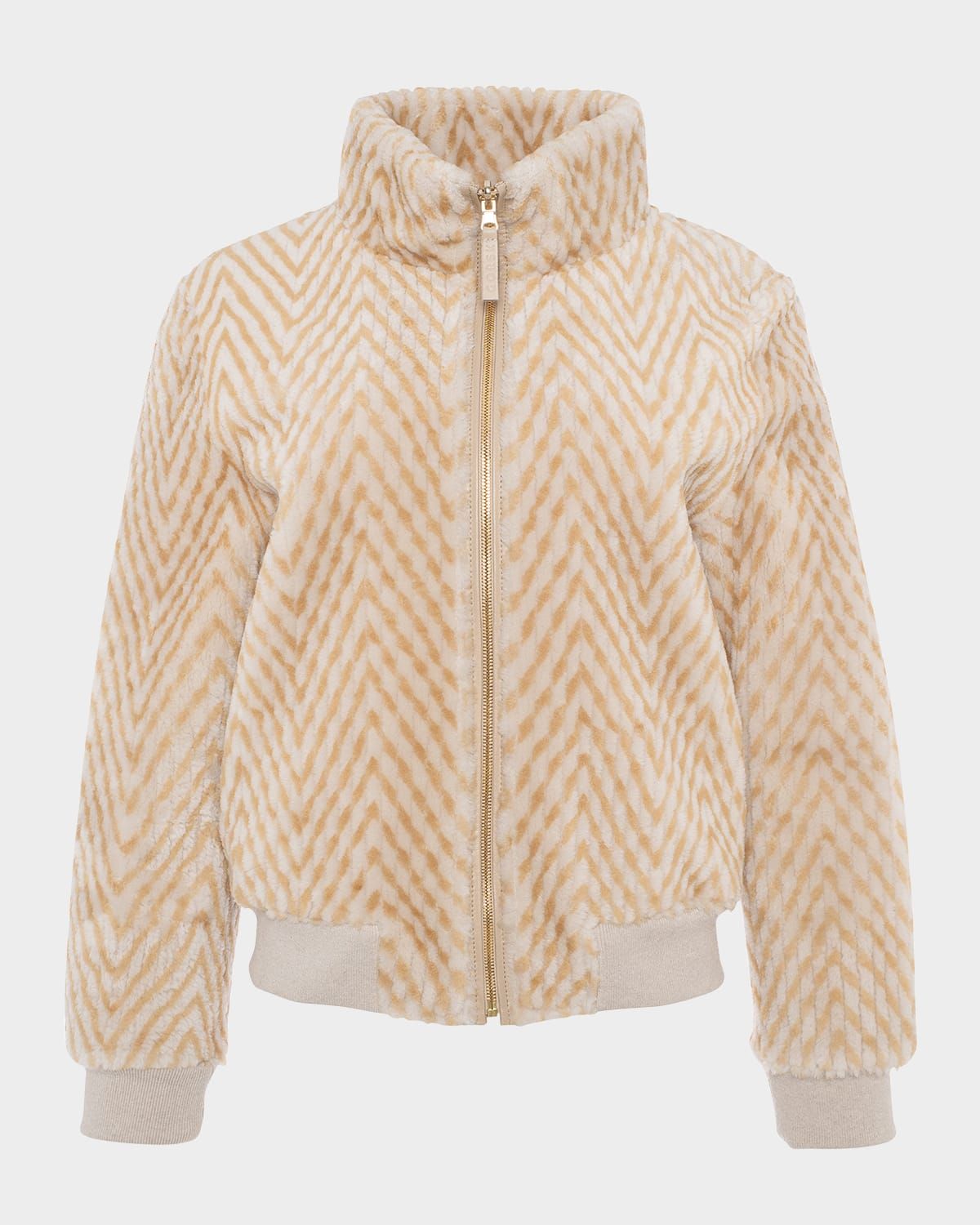 Reversible Chevron-Print Grooved Shearling Lamb Bomber Jacket