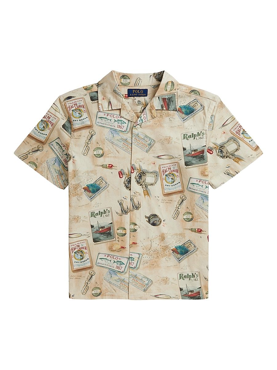 Boy's Fishing Print Cotton Short-Sleeve Shirt - Fishermans Lodge - Size 18