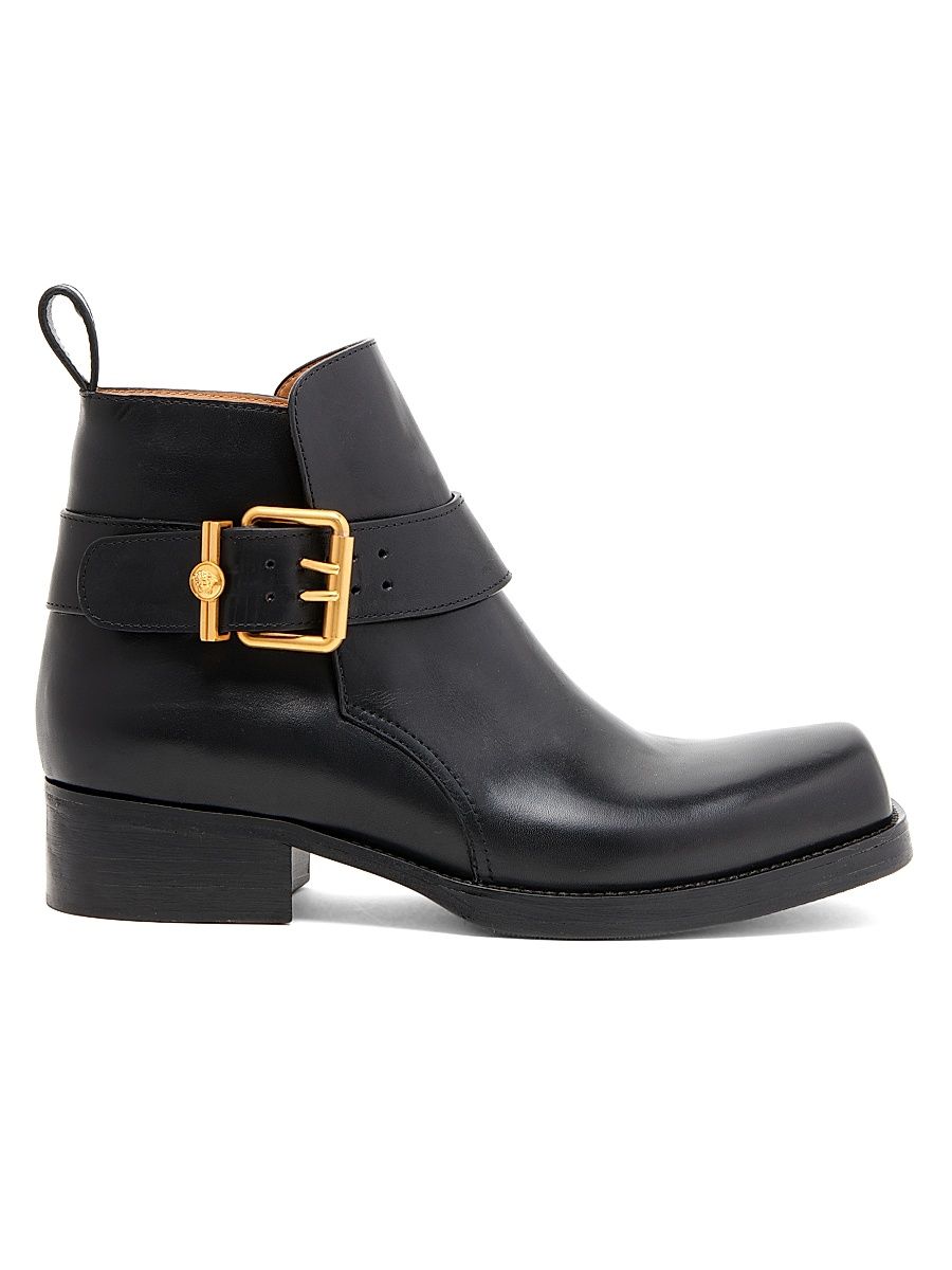 Men's Buckle Leather Boots - Black Vibrated Gold - Size 8