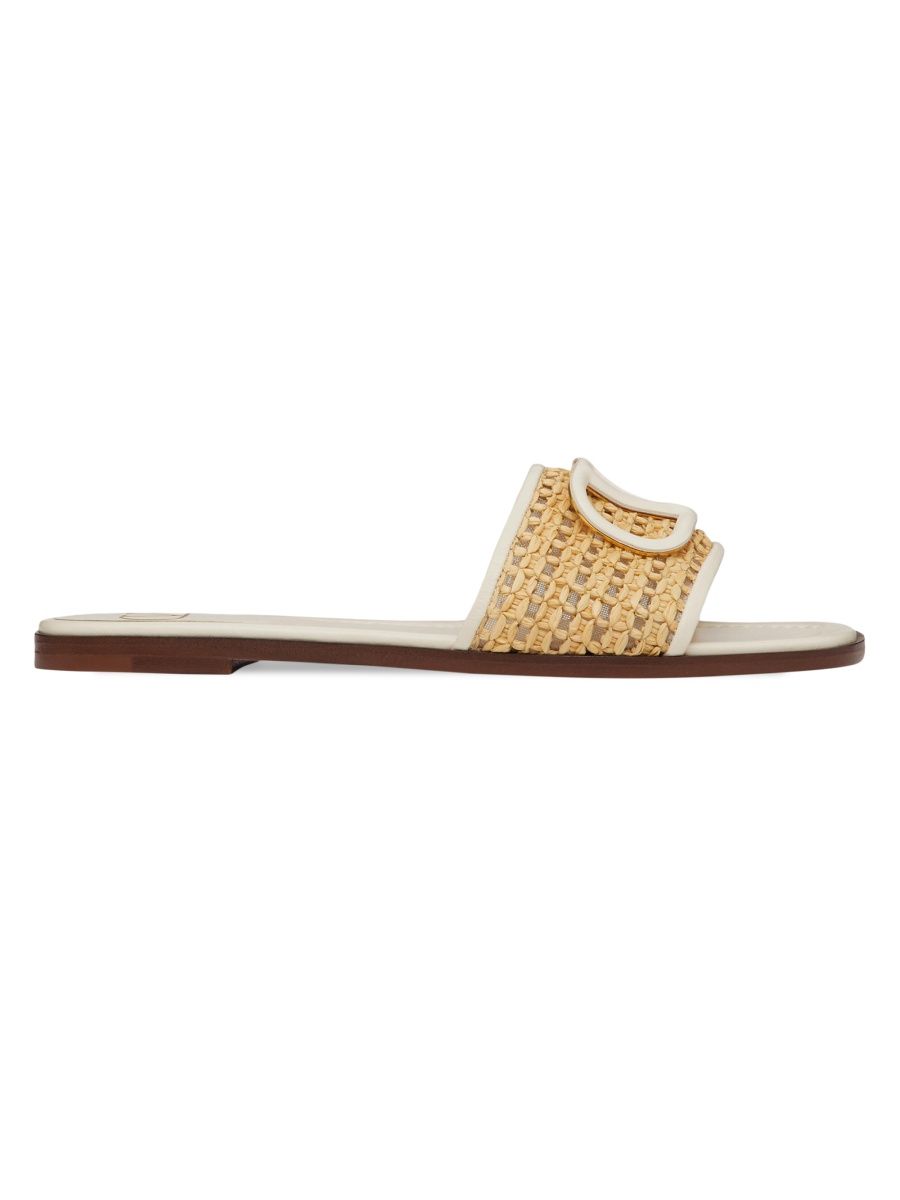 Valentino Women's VLogo Signature Woven Raffia Slide Sandals 80MM - Natural Ivory - Size 7