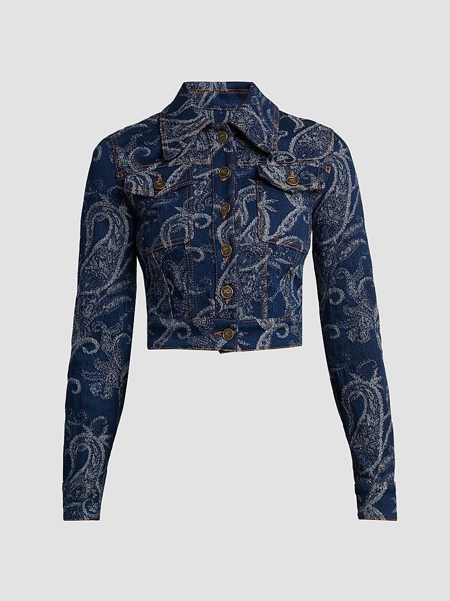 Women's Paisley Cotton-Blend Crop Denim Jacket - Denim Dark Blue - Size 10