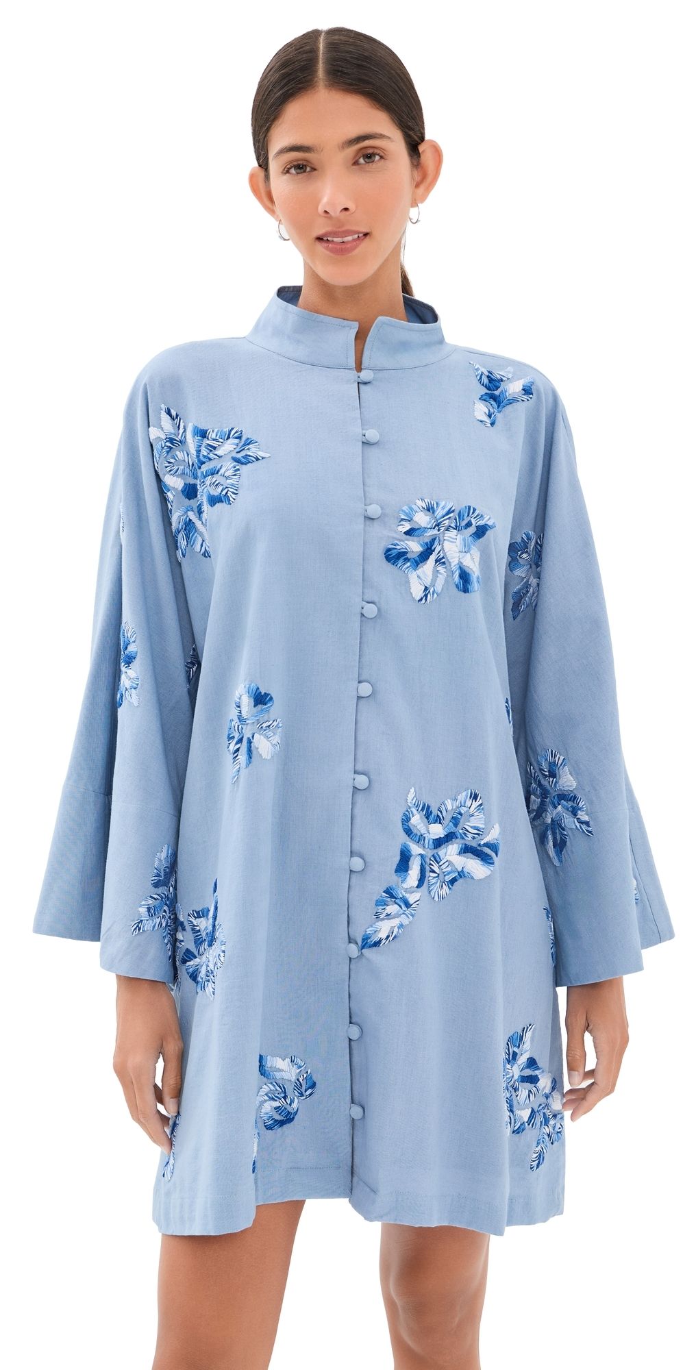 La Vie Style House Floral Mini Caftan Blue/White One Size