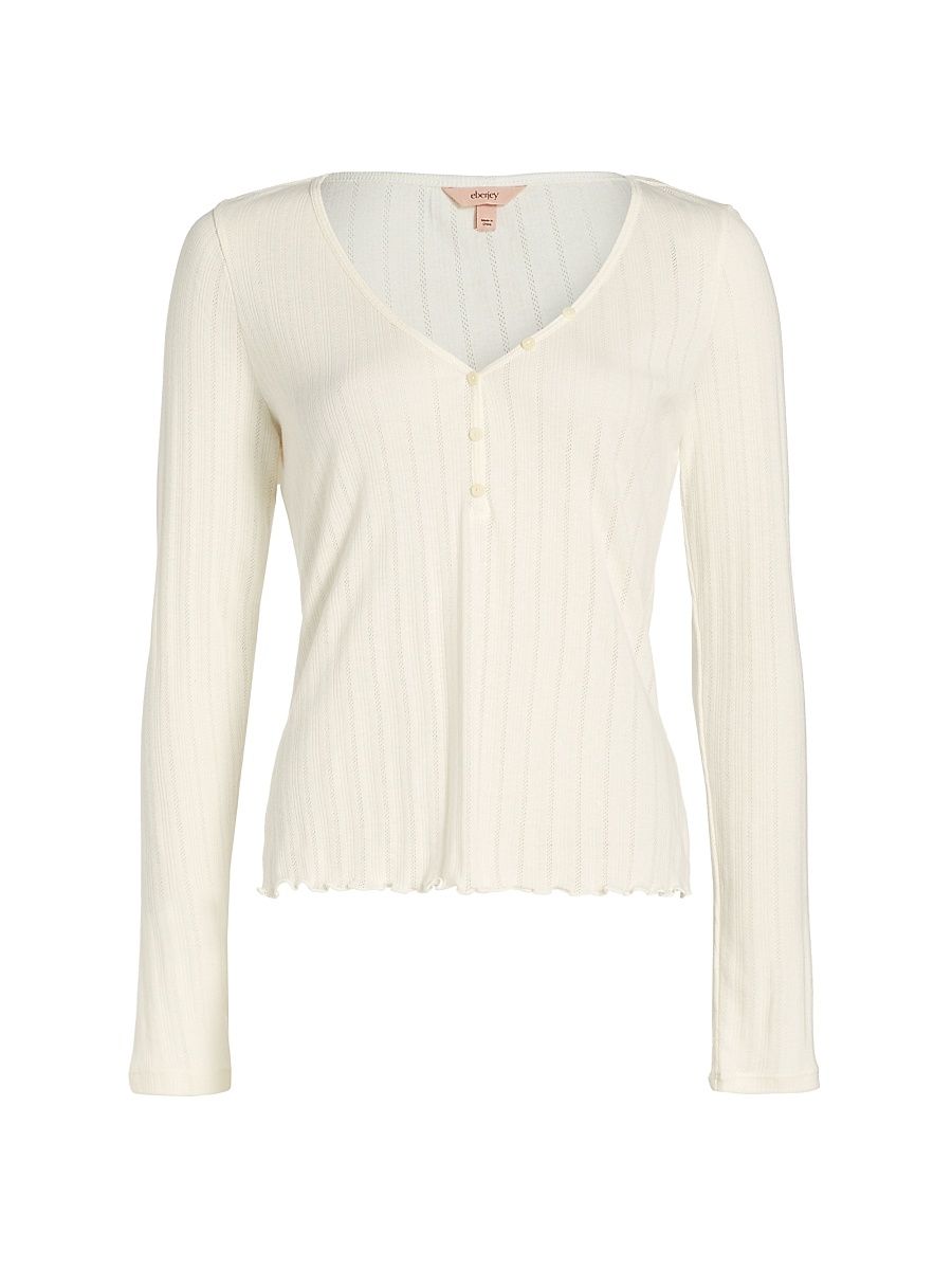 Women's Pointelle V-Neck Henley Top - Ivory - Size XS