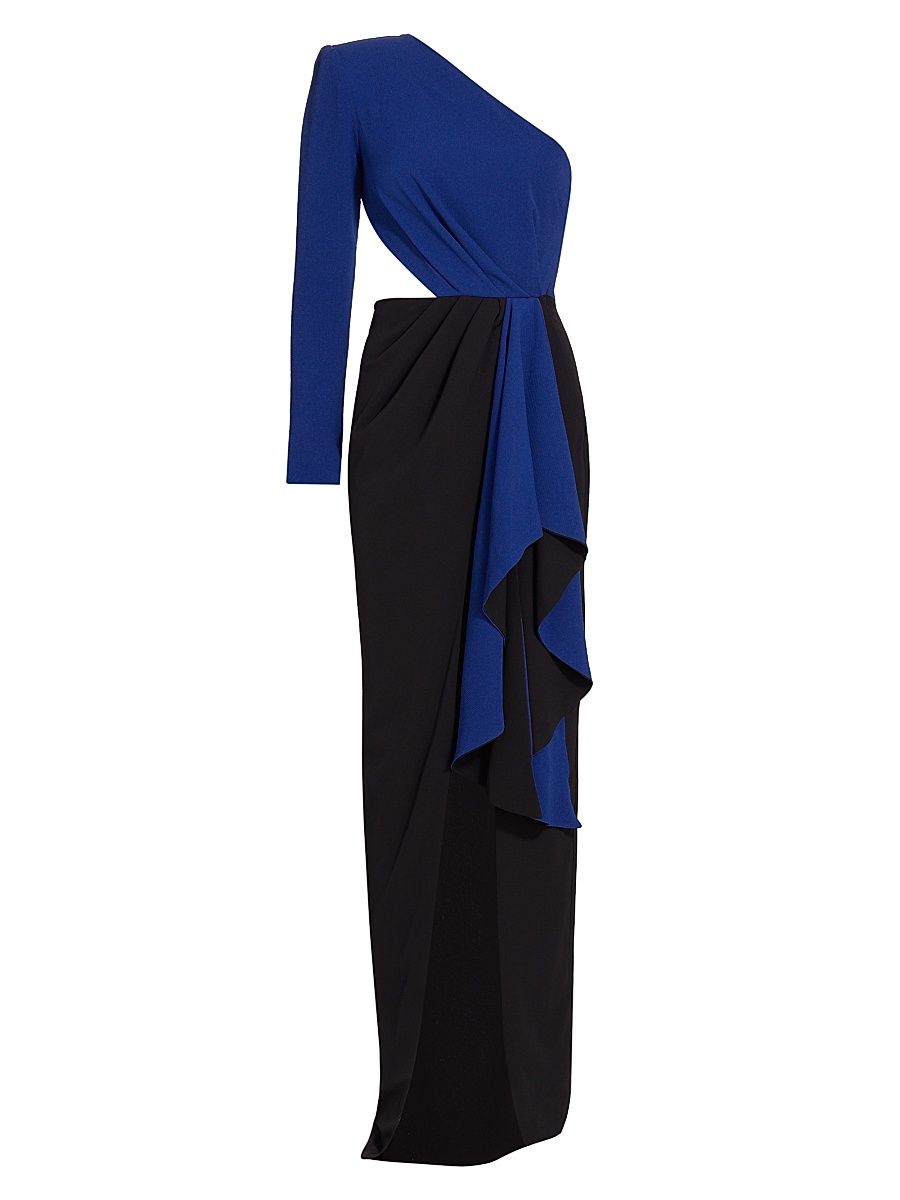 Women's Evelyn One-Shoulder Colorblocked Draped Gown - Black Navy - Size 12
