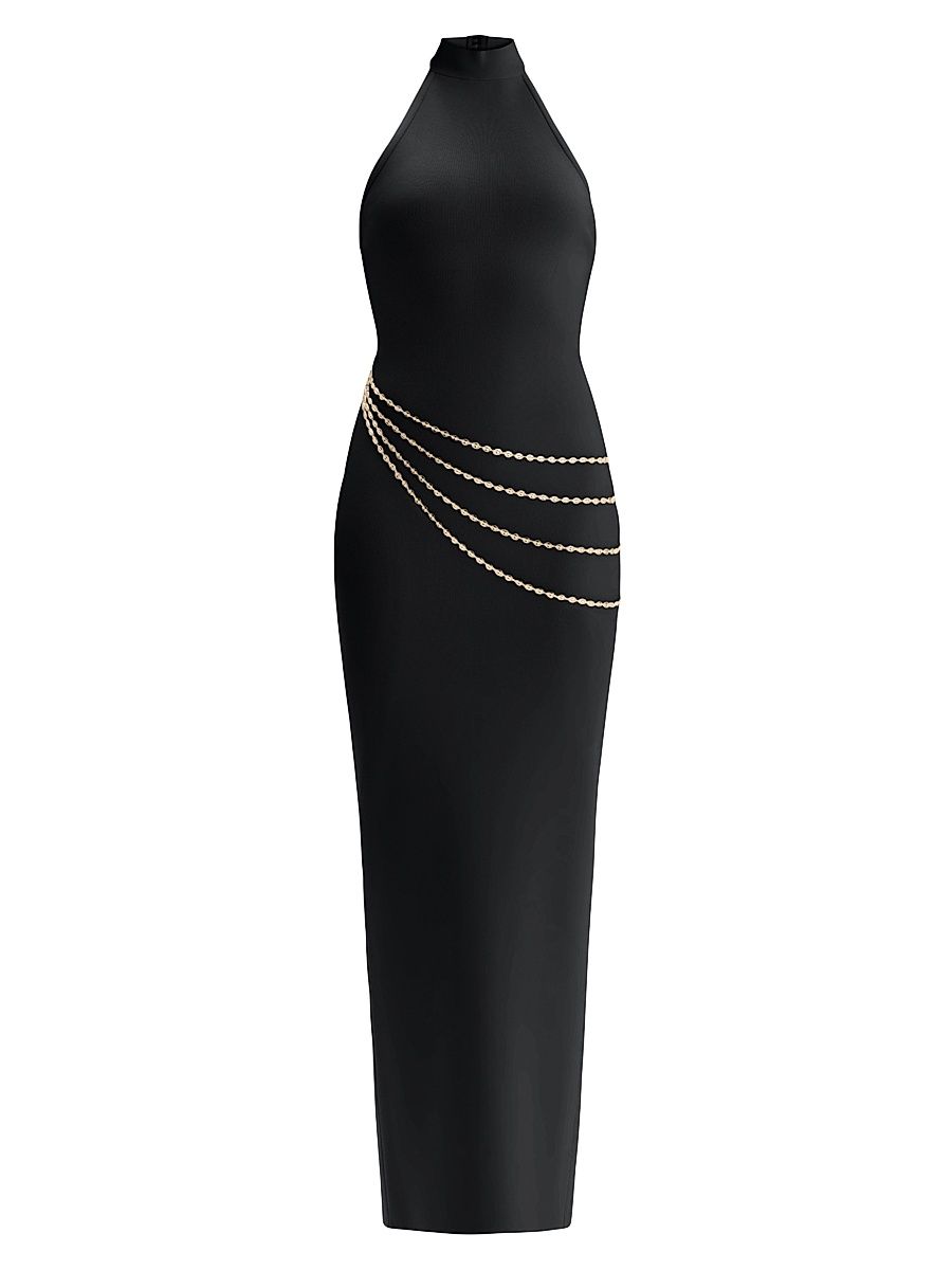 Women's The Sybil Chain-Trim Halter Gown - Black - Size XS