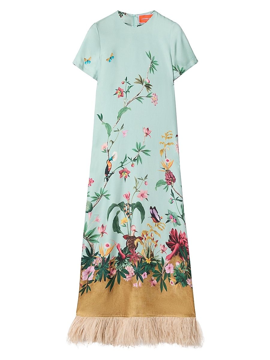 Women's Swing Dress with Feathers - Zooflora Panel Light Blue - Size XXS