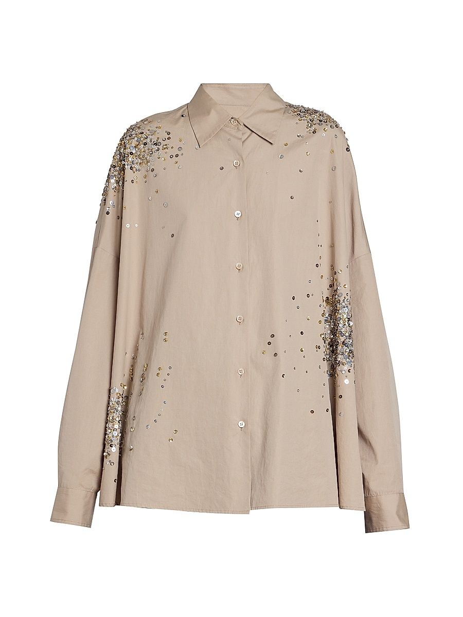 Women's Casia Embellished Oversized Button-Front Shirt - Sand - Size Large