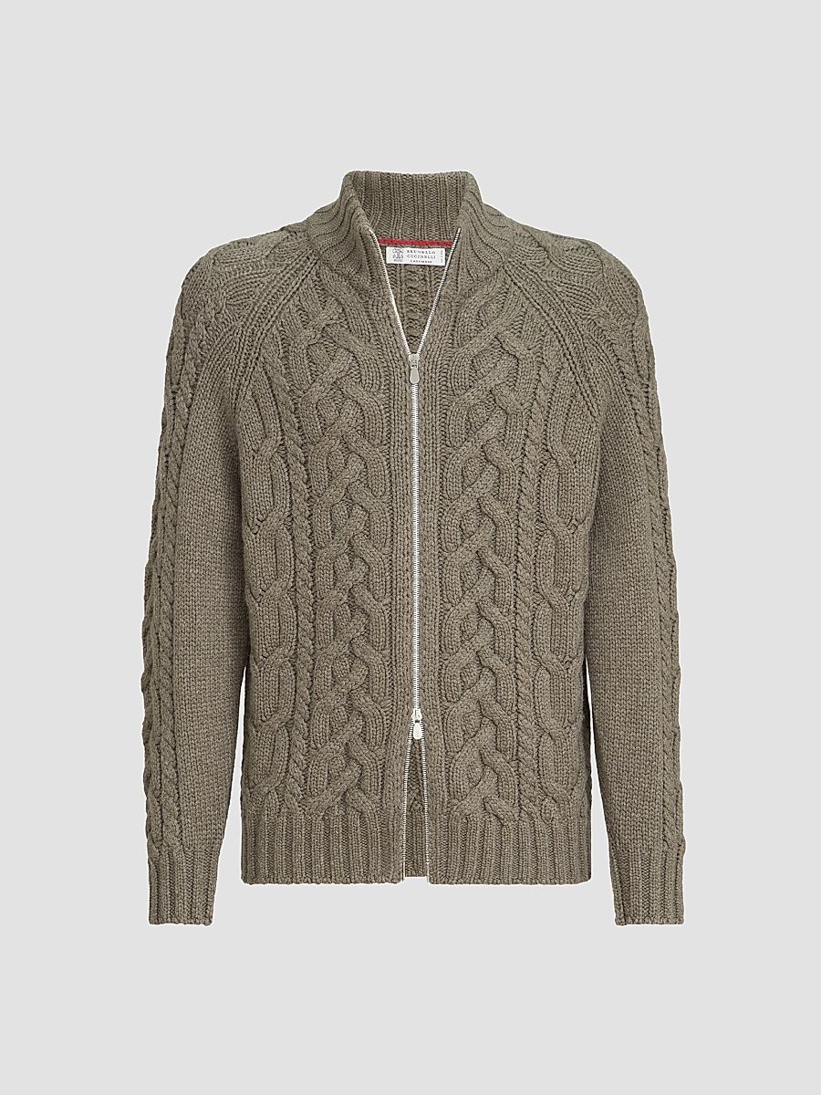 Men's Cable Knit Cardigan in Cashmere Feather Yarn - Military - Size 44