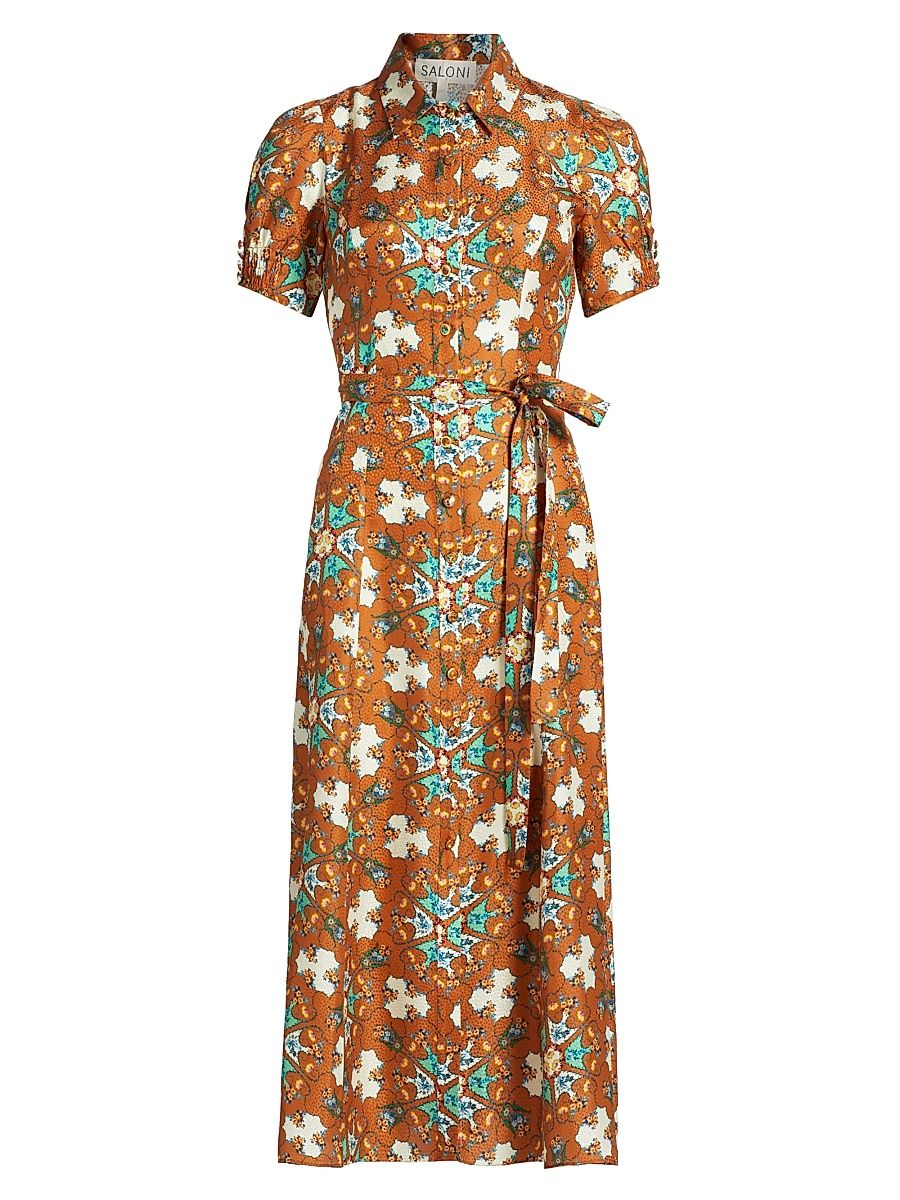 Women's Vanessa D Floral Silk Tiw-Waist Midi-Shirtdress - Opaline Spice - Size 10