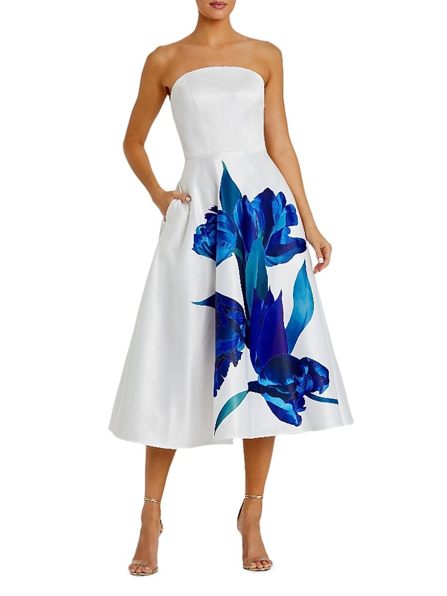 Women's Cocktail Floral Satin Strapless Midi-Dress - Cream Multi - Size 14