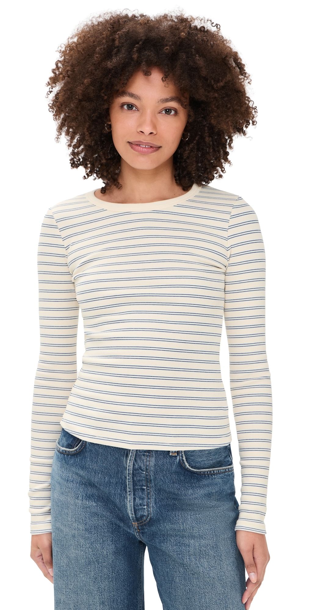 ASKK NY Long Sleeve Ribbed Crewneck Double Stripe Blue XL