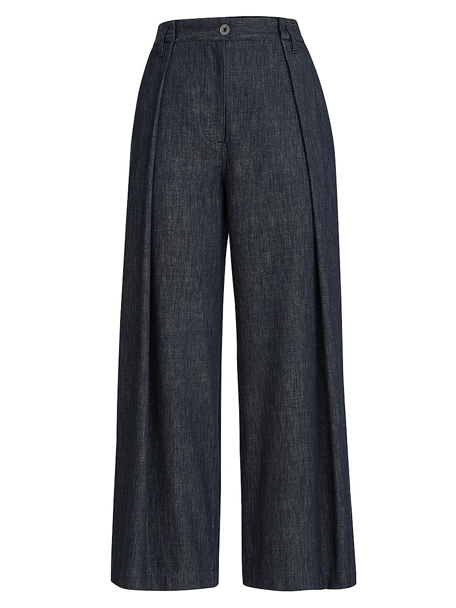 Women's Denim Effect Twill Pleated A-Line Trousers - Denim - Size XXXL