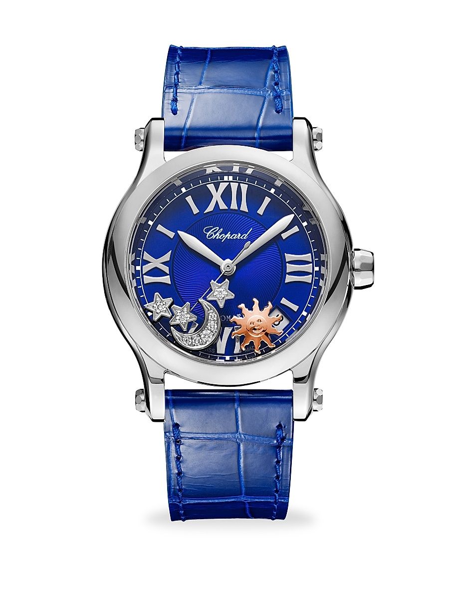 Women's Happy Sport Automatic Stainless Steel Sapphire & Diamond Leather Strap Watch