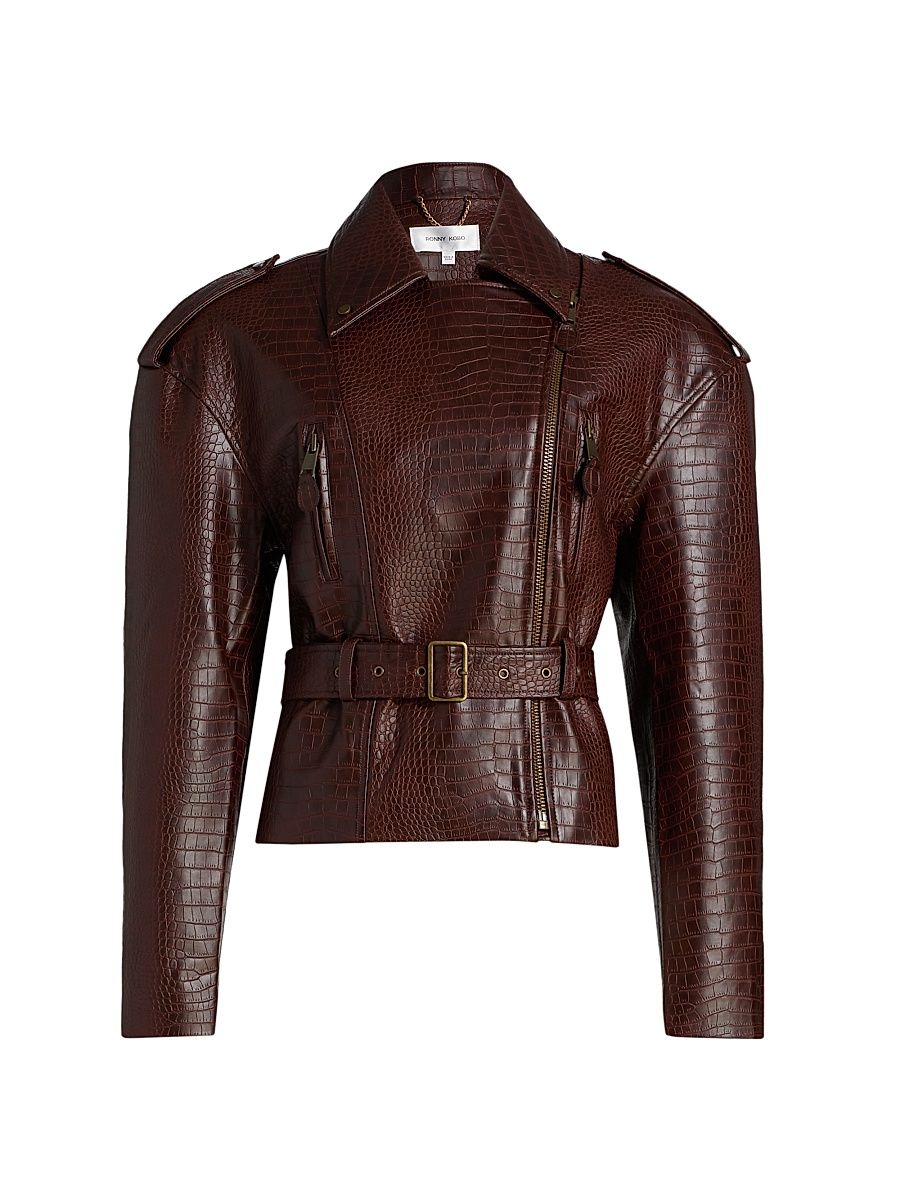 Women's Lilou Croc-Embossed Faux Leather Jacket - Chocolate Brown - Size Large