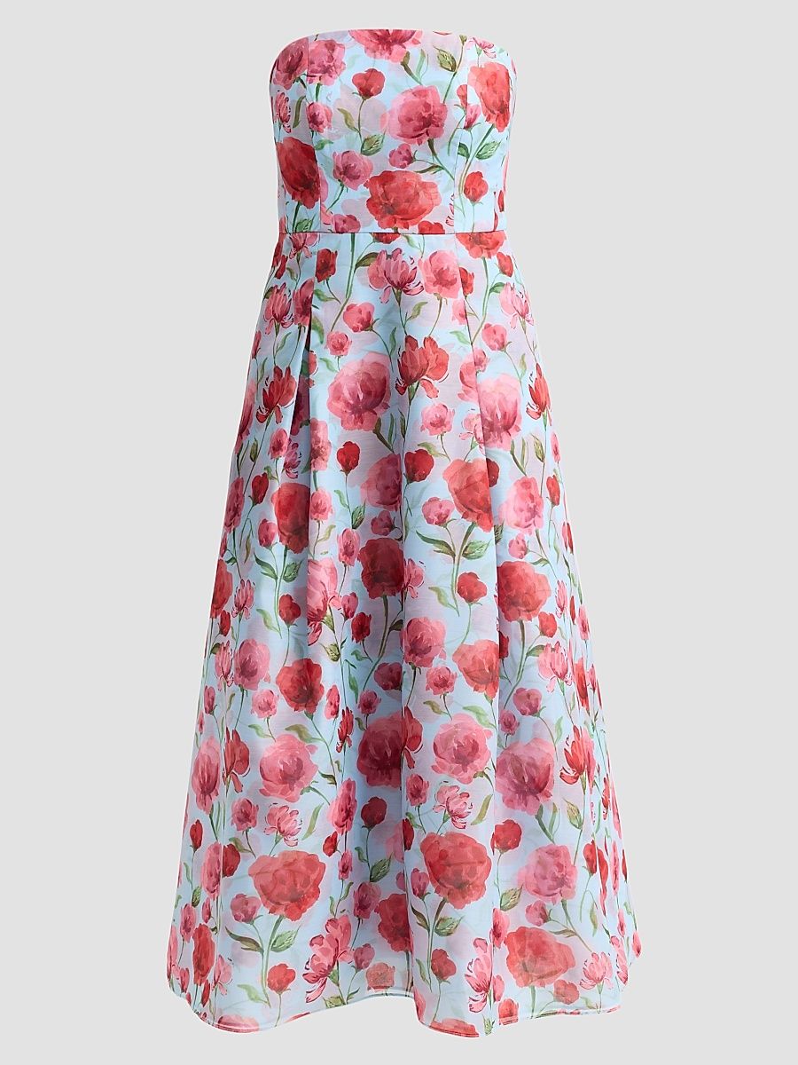 Women's Shay Floral Organza Strapless Cocktail Dress - Sky Poppies - Size 14