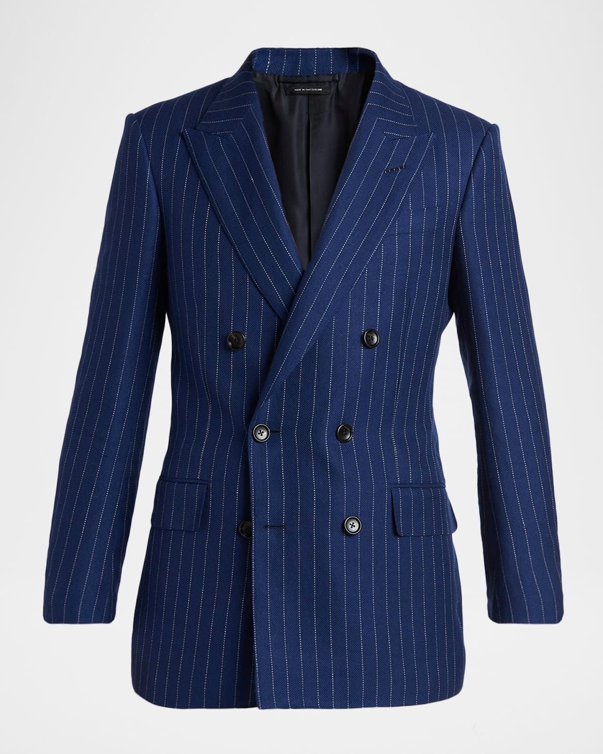Pinstripe Wool/Linen/Silk Double-Breasted Blazer