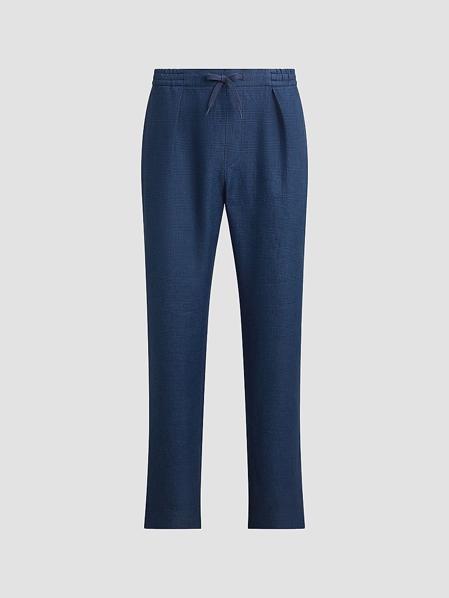 Men's Linen Glen Checked Trousers - Racing Navy - Size 30