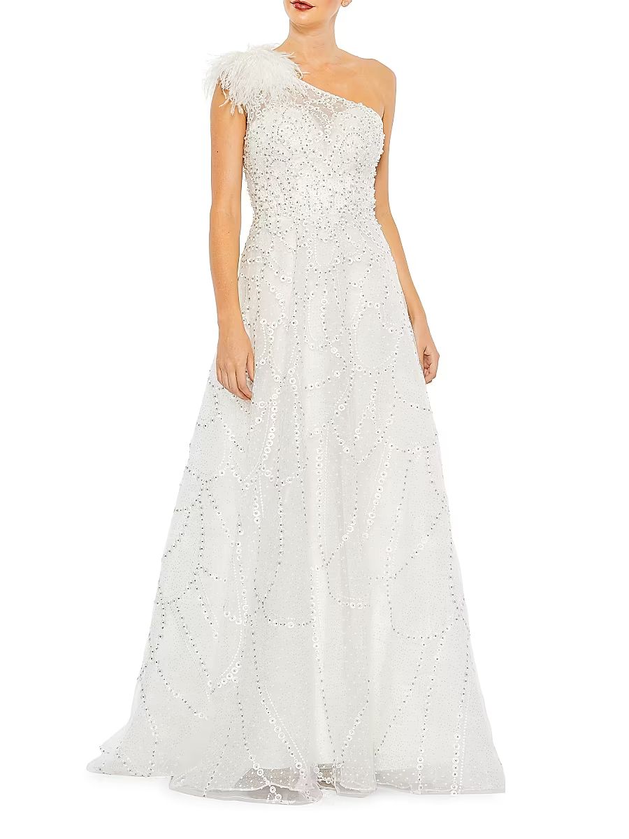 Women's One-Shoulder Feathered A-Line Gown - Ivory - Size 4
